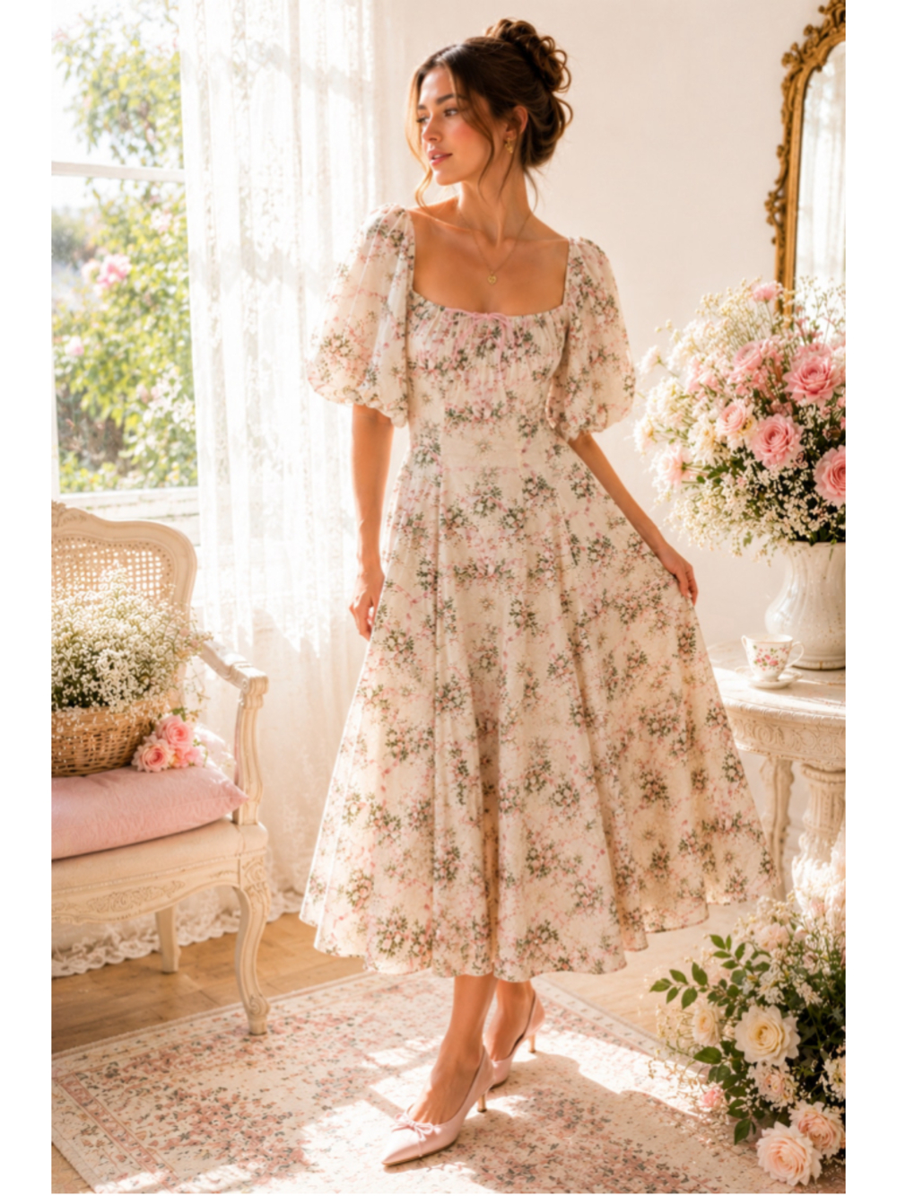 Selkie Puff Sleeve Day Midi Dress Pink Toile Ribbon Floral Cotton Medium